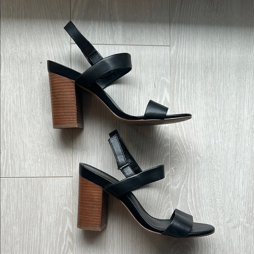 Aldo Black Leather Wood Heeled Sandals